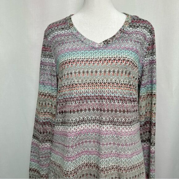 Prana Women’s Large Long Sleeve Top Aztec Vneck Lightweight Pink Green - Picture 2 of 9